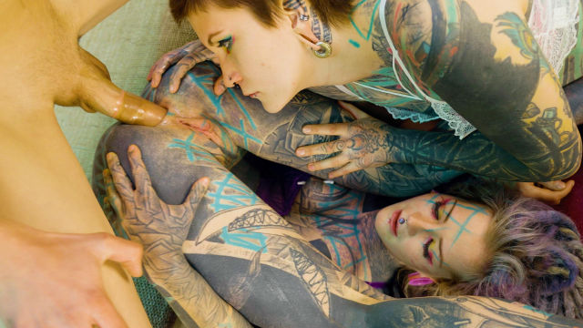 2 heavy tattoo girls get ass fucked by a big dick